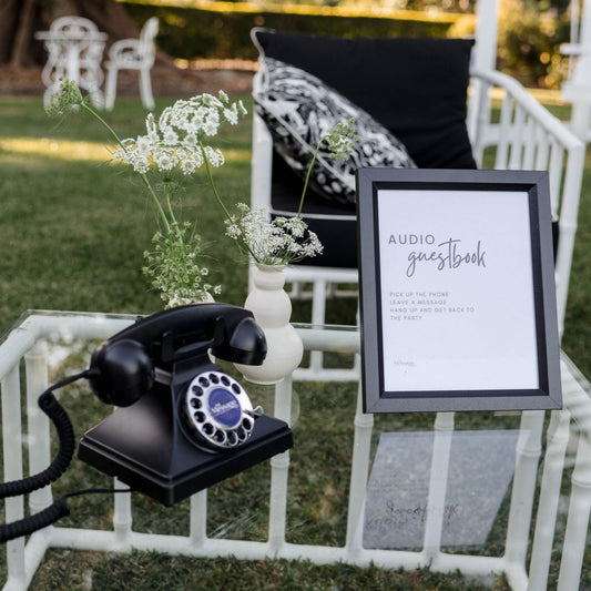 Black audio guestbook. Perfect for weddings and special events. Receive heartfelt and hilarious messages for your guests. Guests pick up the phone, listen to your personalised greeting then leave you a message after the beep on our vintage, retro, antique phones. 6