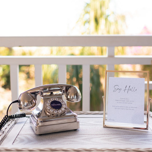 Silver, chrome audio guestbook. Perfect for weddings and special events. Receive heartfelt and hilarious messages for your guests. Guests pick up the phone, listen to your personalised greeting then leave you a message after the beep on our vintage, retro, antique phones. 14