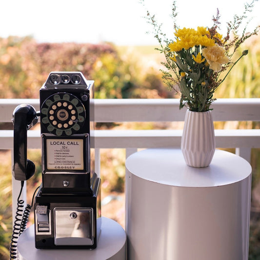 Black payphone audio guestbook. Perfect for weddings and special events. Receive heartfelt and hilarious messages for your guests. Guests pick up the phone, listen to your personalised greeting then leave you a message after the beep on our vintage, retro, antique phones. 5